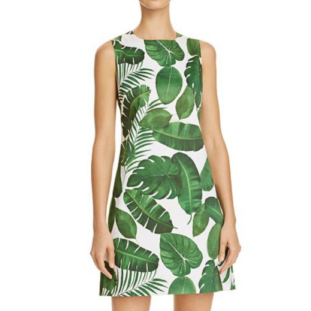 Alice + Olivia White Mini Dress with Green Tropical Leaf Print Shift